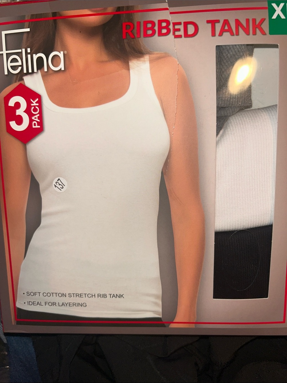 Felina White Ribbed Cotton Stretch Tank Top - 3 Pack (White, Black, Gray)
